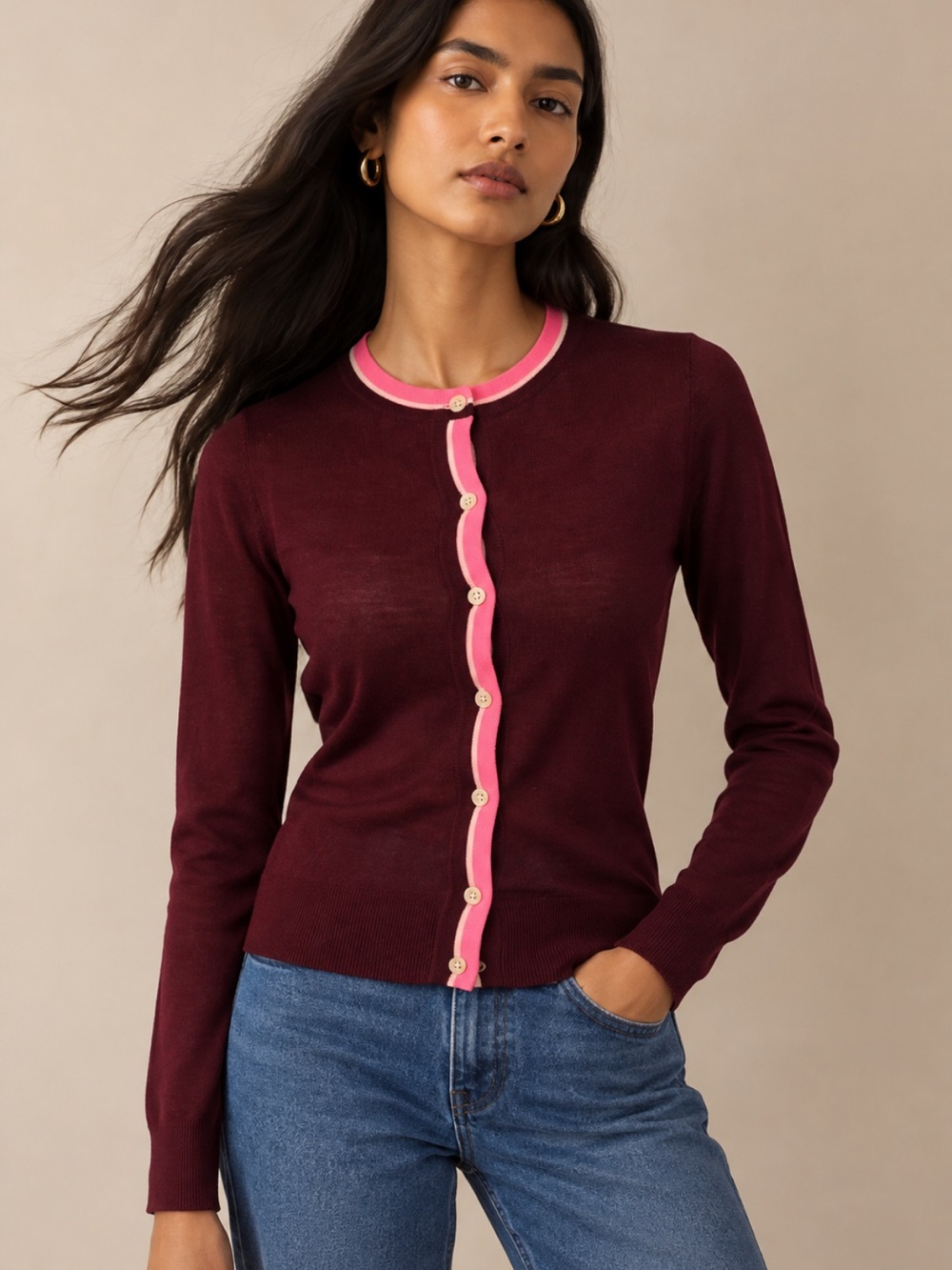 J.Crew Classic Wool Burgundy Pink Trim Cardigan Size XXS ~ NWT